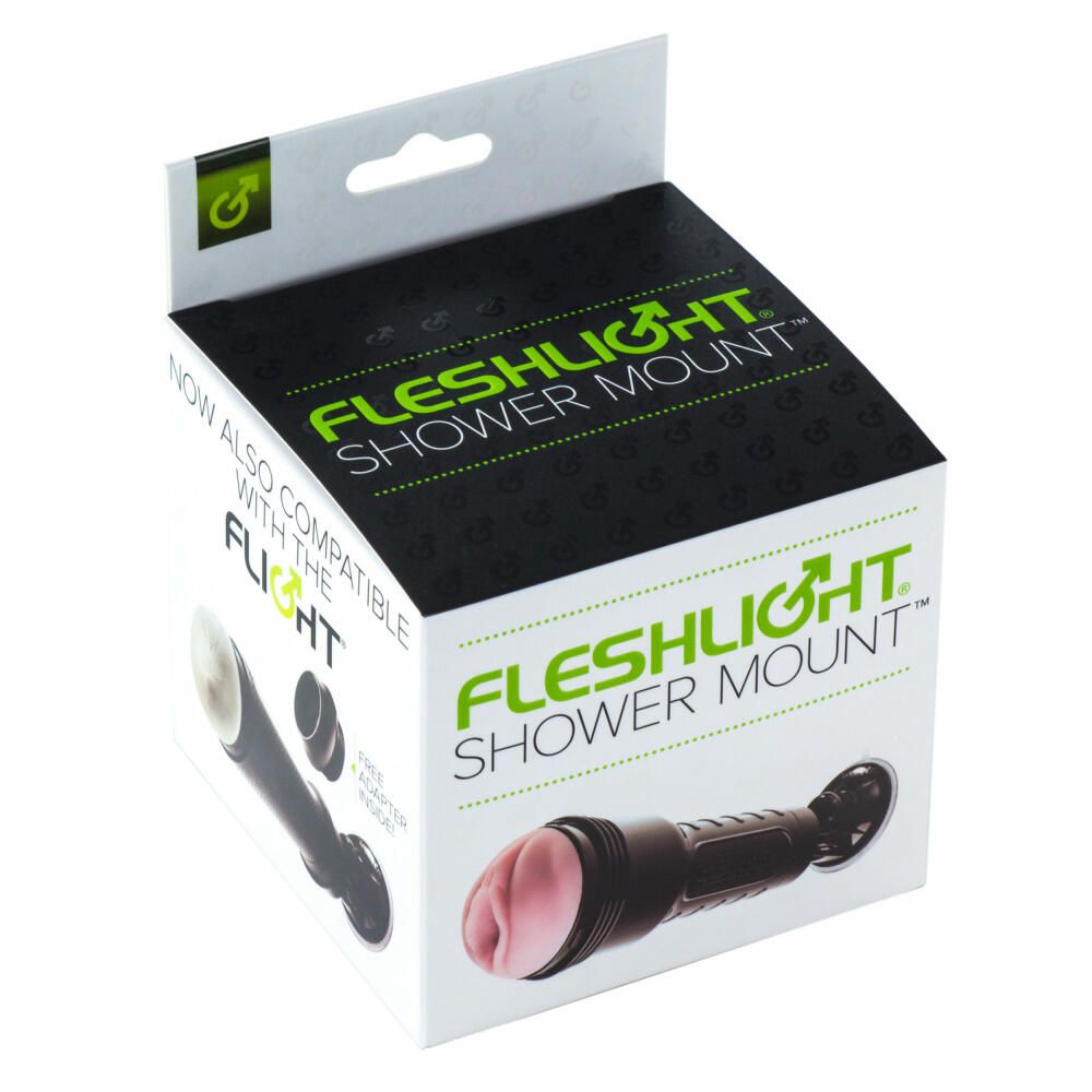 Verpackung mit Produktabbildung. Aufschrift: Fleshlight Shower Mount. Produkt in Schwarz und Rosa.
