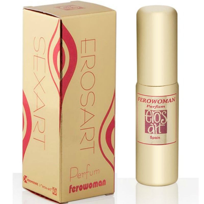 Goldfarbene Flasche und Verpackung. Aufschrift: EROSART, SEXART, Ferowoman Parfum. Rote grafische Elemente.