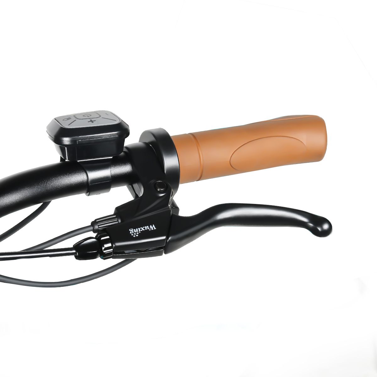 Lenker mit braunem Griff, Bremshebel und Bedienelementen. Schwarze Details.