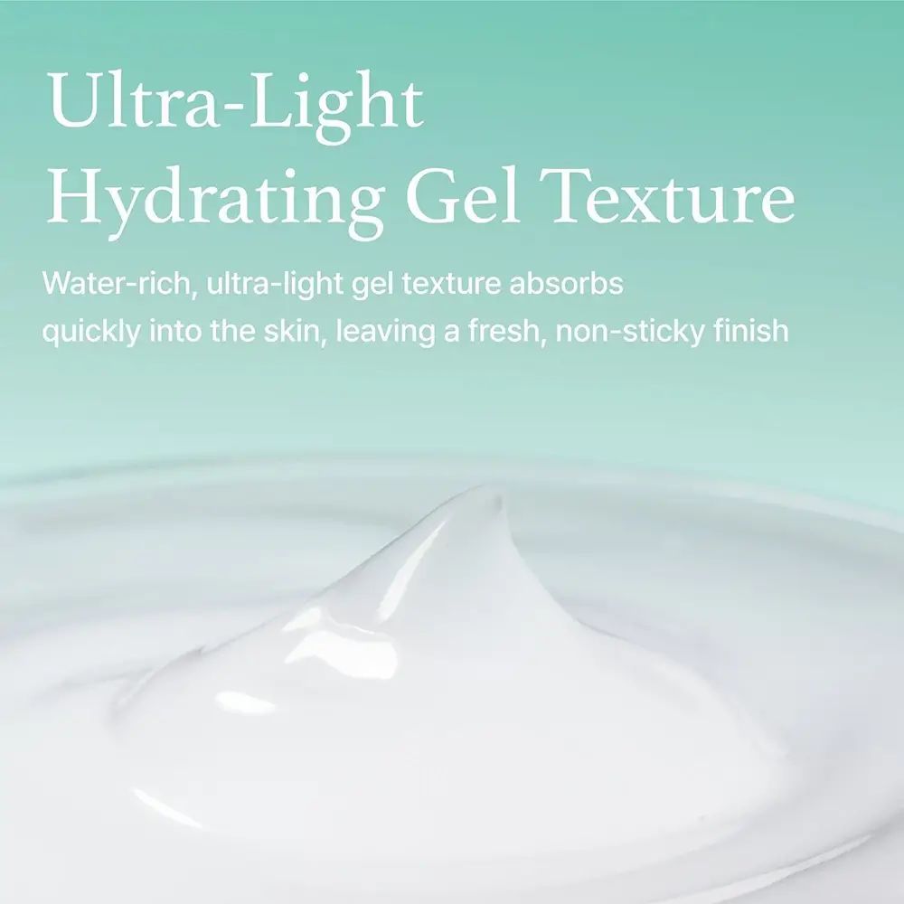 Nahaufnahme von weißem Gel. Text: Ultra-Light Hydrating Gel Texture. Water-rich, ultra-light gel texture absorbs quickly.
