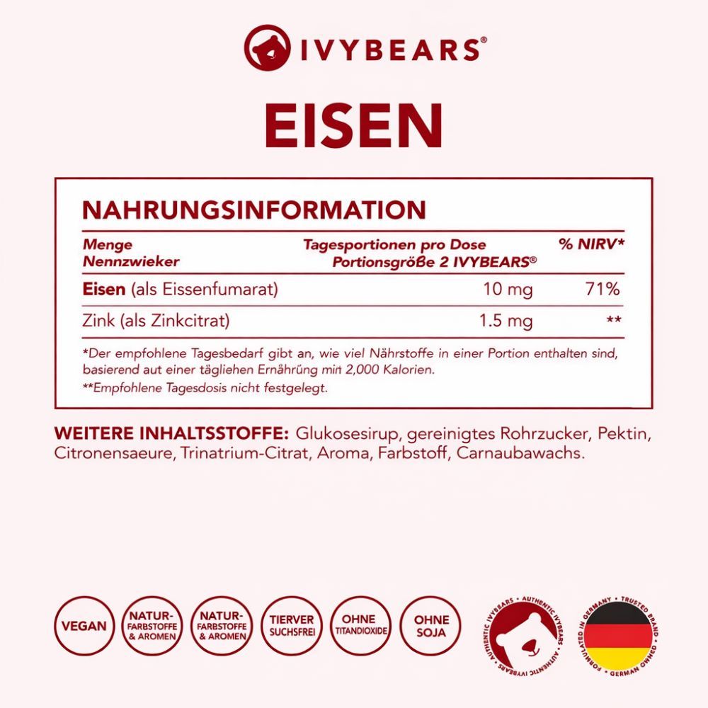 Nährwertinformationen: Eisen (10 mg), Zink (1,5 mg). Text: Vegan, Natürliche Farbstoffe & Aromen, Tierversuchsfrei, Ohne Titandioxid, Ohne Soja.