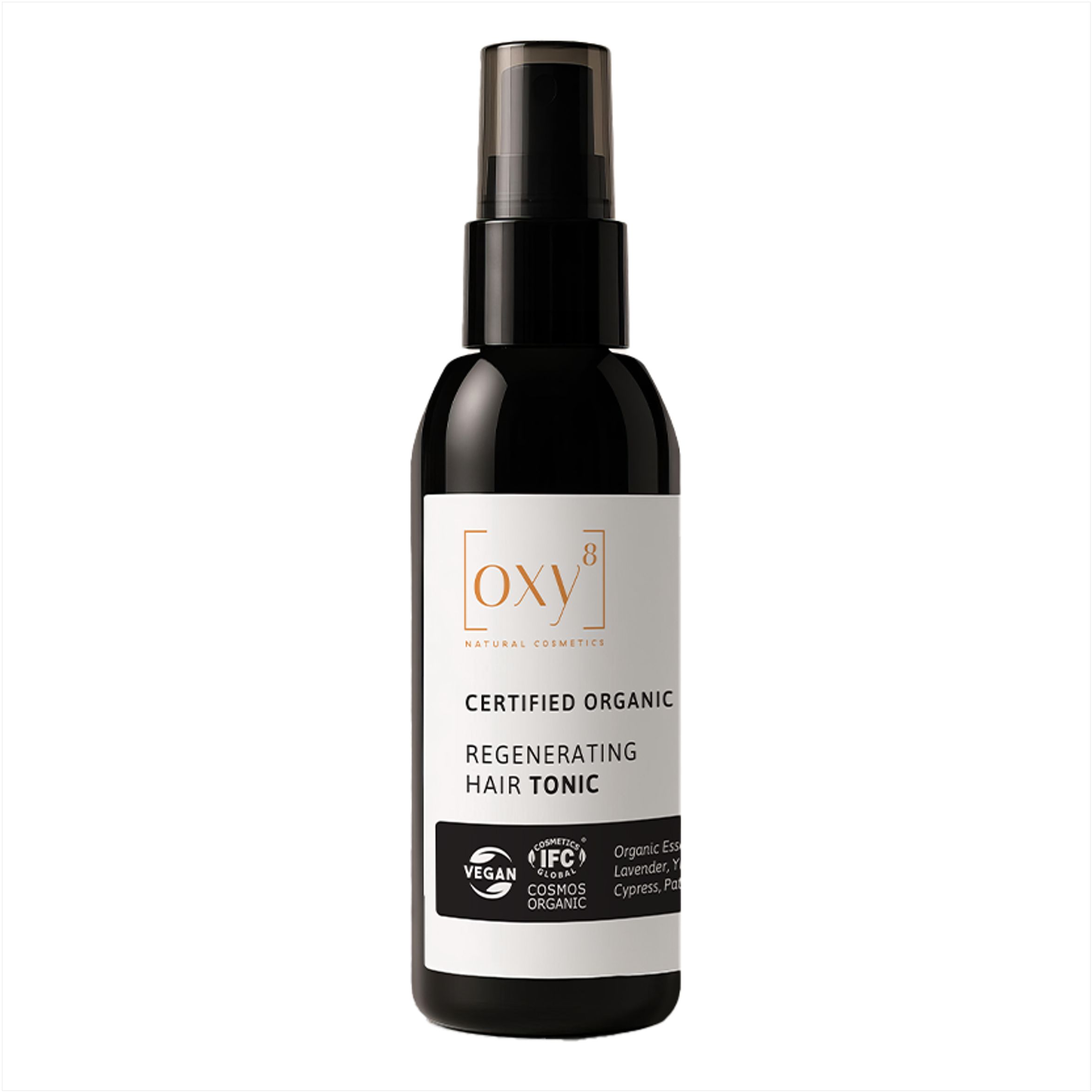 Schwarze Flasche mit Sprühkopf. Aufschrift: oxy8, Regenerating Hair Tonic, Vegan, COSMOS ORGANIC.