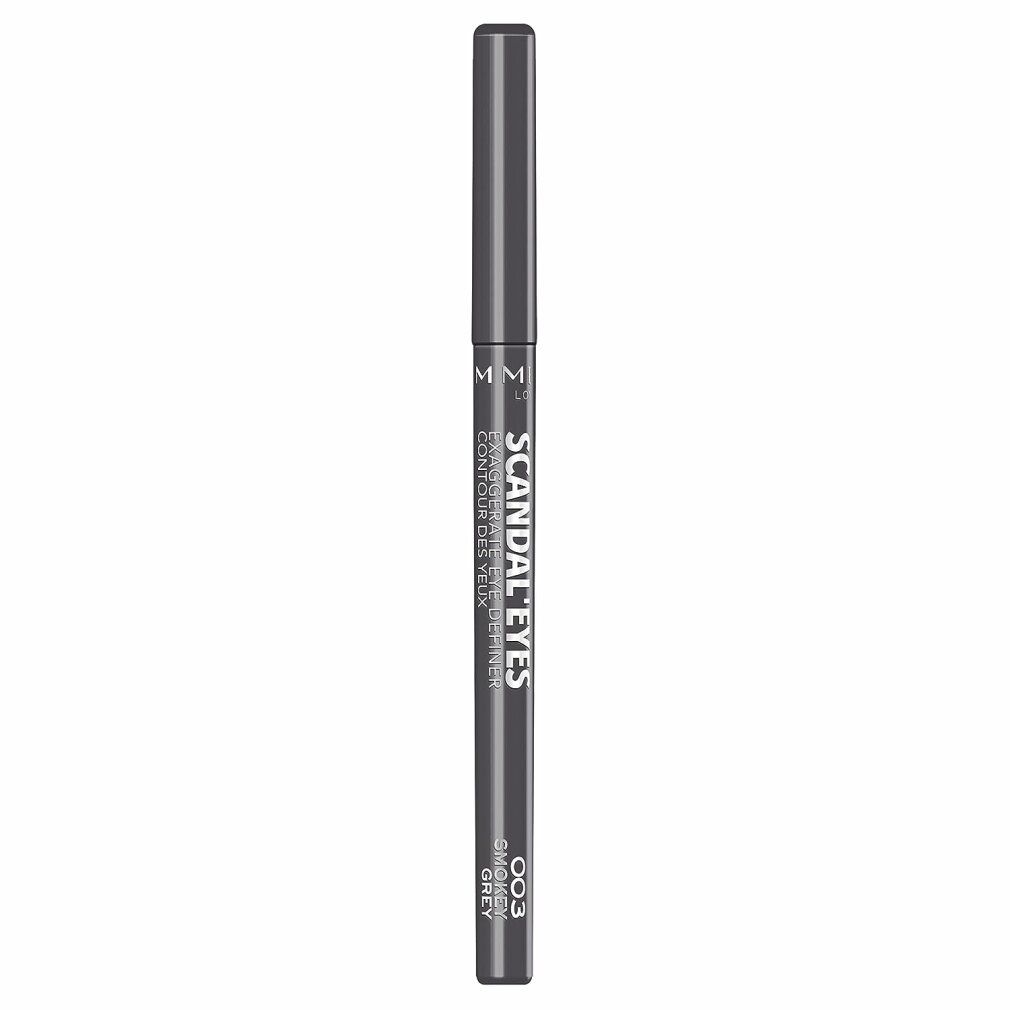 Grauer Rimmel London Scandaleyes Automatic Eyeliner. Schwarzer Stift mit grauer Mine und Kappe. Produktname und Farbton aufgedruckt.