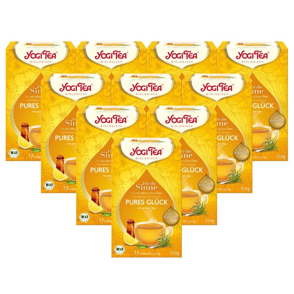 Mehrere gelbe Teepackungen. Auf jeder Packung steht "Yogi Tea" und "Pures Glück". Bio-Siegel sichtbar.
