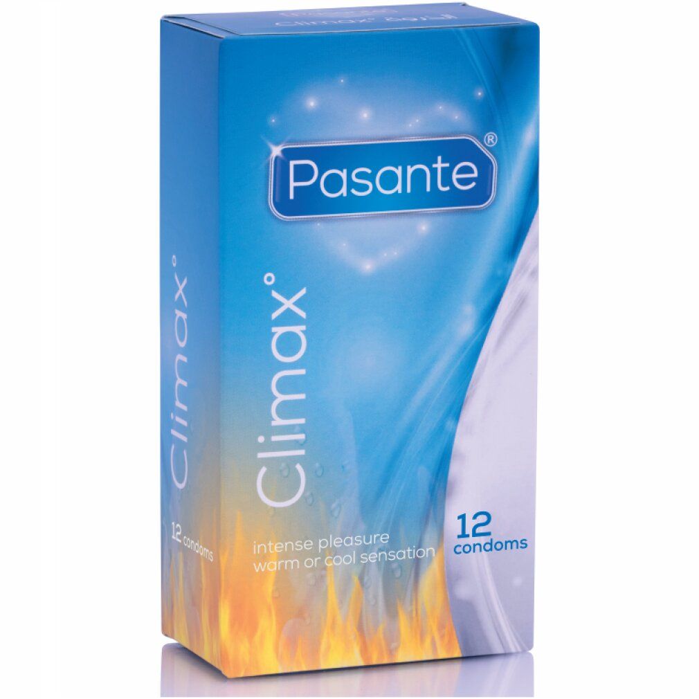 Schachtel mit Kondomen. Marke Pasante, Produktname Climax°. 12 Kondome. Aufdruck: Intense Pleasure, warm or cool sensation.