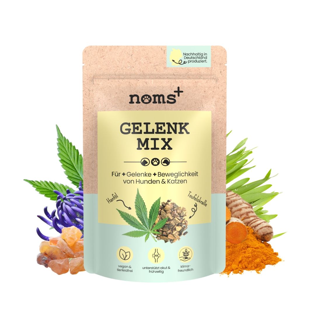 Noms+ Gelenkmix Futterbeutel mit Kräutern und Pflanzen.