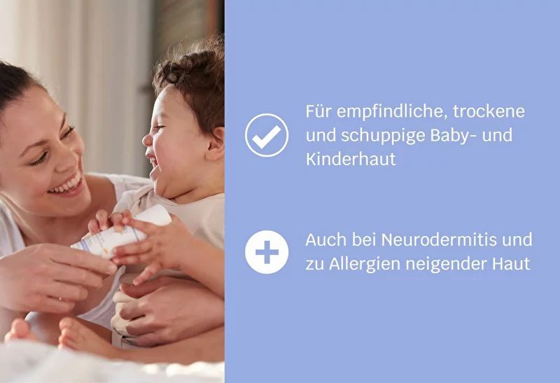 Mutter und Kind lachen. Text: Für empfindliche, trockene und schuppige Baby- und Kinderhaut. Auch bei Neurodermitis und Allergien.