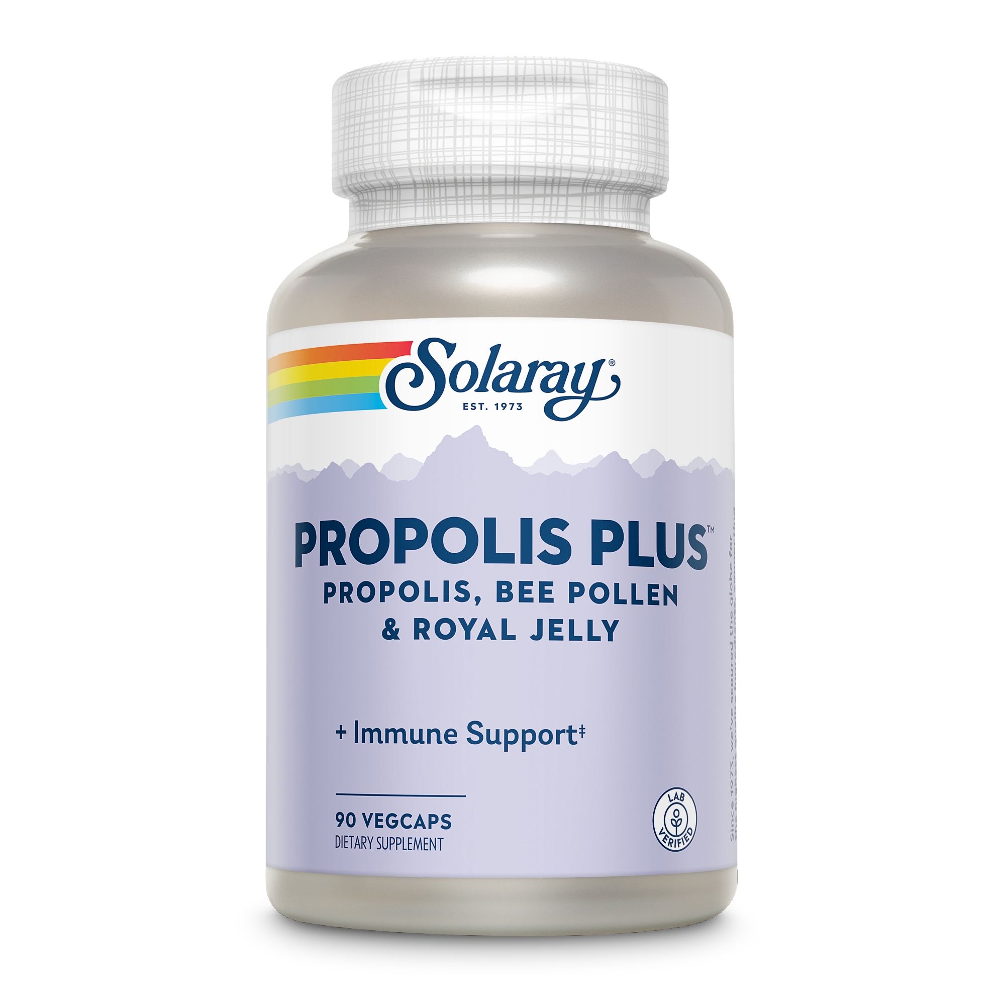 Solaray Propolis Plus-Behälter. Text: Propolis, Bienenpollen & Gelée Royale. 90 Vegicaps. Nahrungsergänzungsmittel. Logo: Regenbogen.