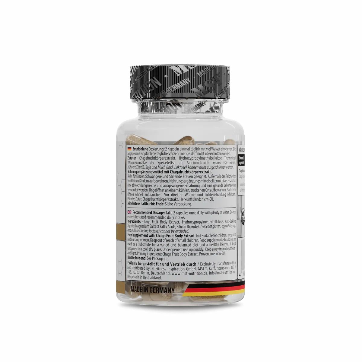 Rückseite einer Flasche mit Chaga-Pilz-Kapseln. Etikett mit Dosierungsempfehlung und weiteren Informationen.