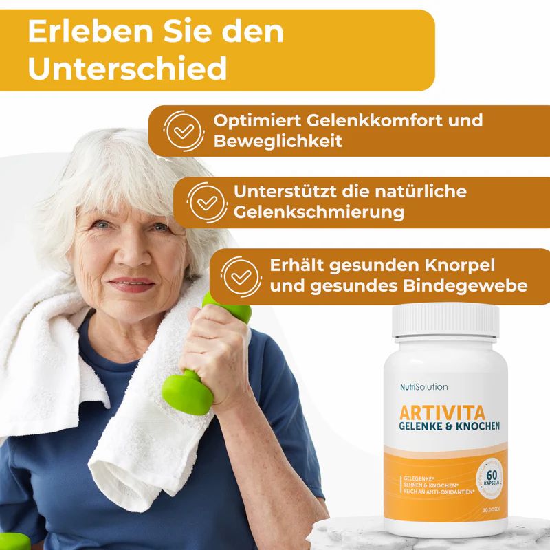 Ältere Frau mit Handgewicht und Flasche. Aufschrift: ARTI+VITA Gelenke & Knochen. Text: Optimiert Gelenkkomfort.