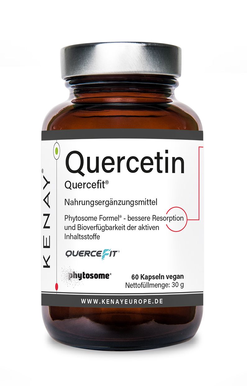 Braune Glasflasche mit weißem Etikett. Aufschrift: Quercetin Quercefit, Nahrungsergänzungsmittel, 60 Kapseln vegan.