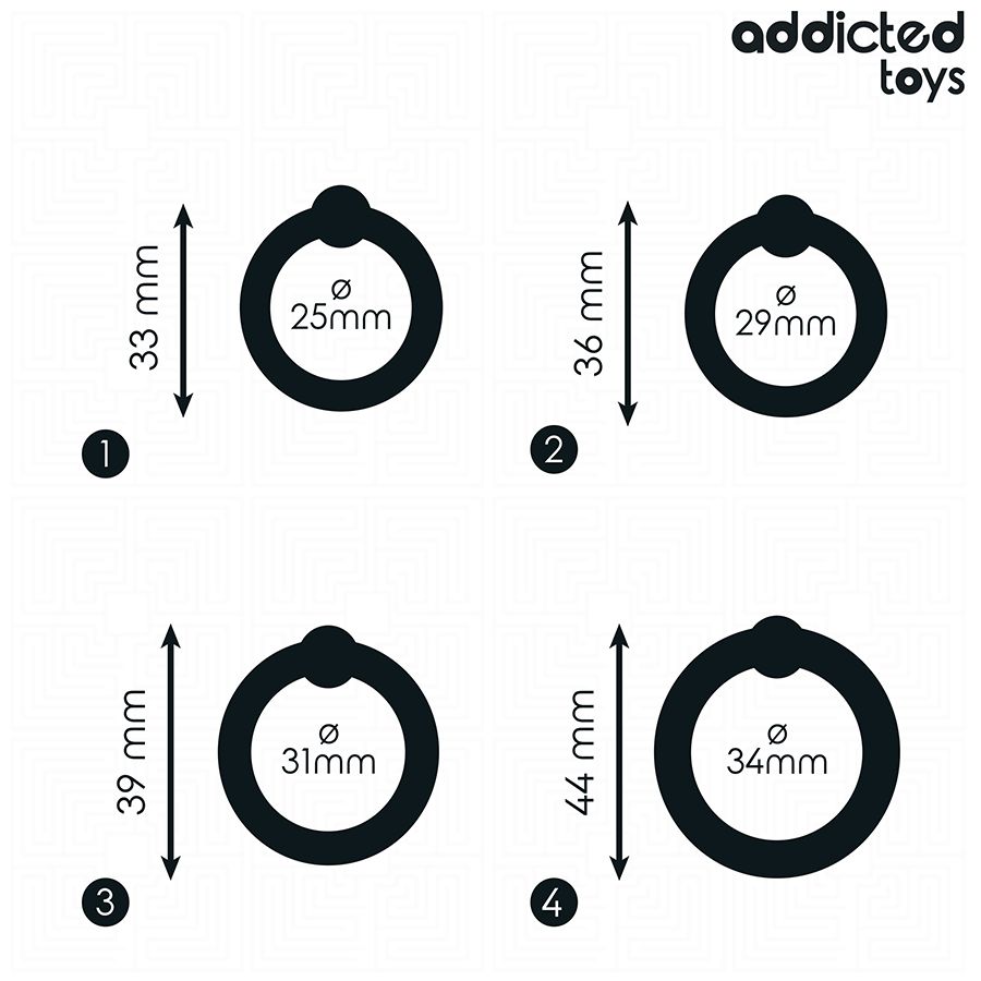 Vier Cockringe mit Größenangaben. Durchmesser: 25mm, 29mm, 31mm, 34mm. Höhe: 33mm, 36mm, 39mm, 44mm. Marke: Addicted Toys.