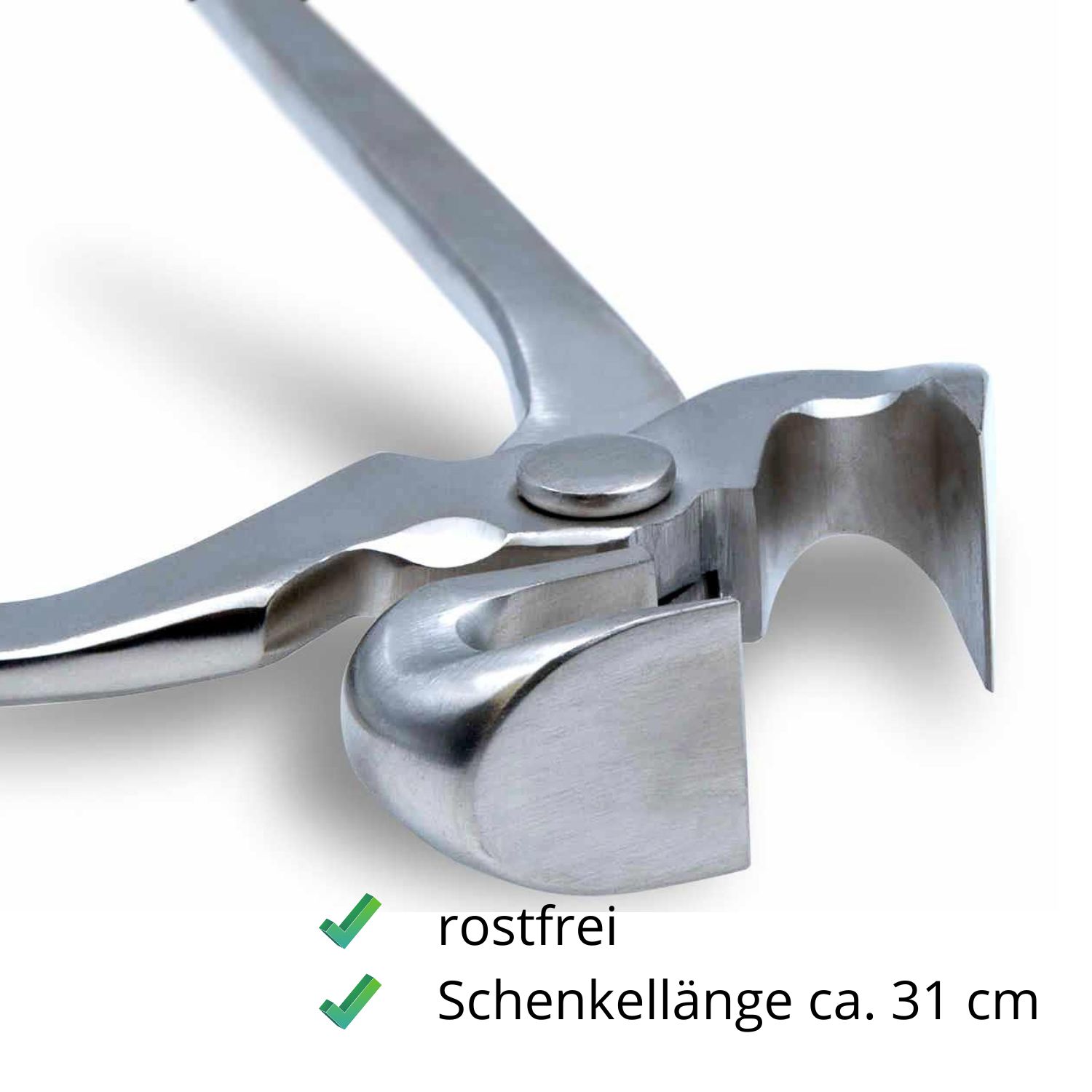 Nahaufnahme der Hufschneidezange. Rostfrei, Schenkellänge ca. 31 cm. Grüne Haken.