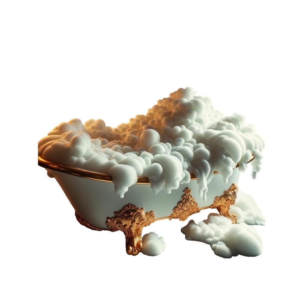 Badewanne mit goldenen Verzierungen, gefüllt mit Schaum. Schaum quillt über den Rand.
