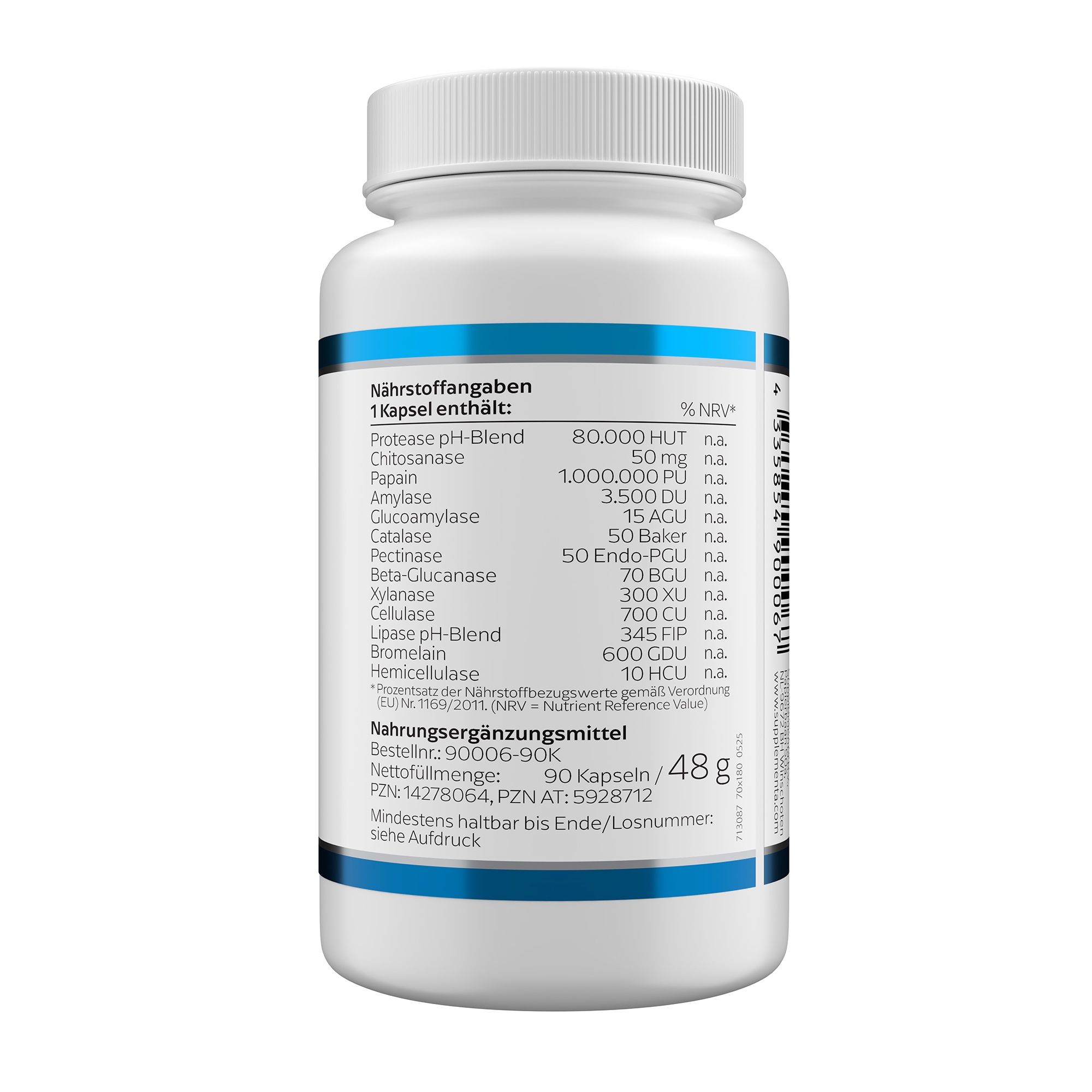 Rückseite einer weißen Flasche. Enthält Nährstoffangaben und Inhaltsstoffe. Aufschrift: Nahrungsergänzungsmittel. 90 Kapseln/48g.