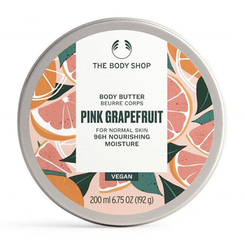 Runde Dose mit Aufdruck. Text: Body Butter Pink Grapefruit, für normale Haut, 96H Feuchtigkeit. Logo: The Body Shop.