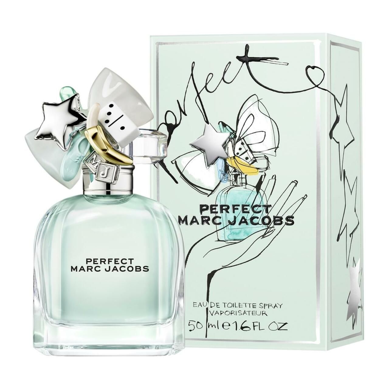 Hellgrüner Flakon und Verpackung. Aufschrift: PERFECT MARC JACOBS. Verpackung mit Handzeichnung und Stern.