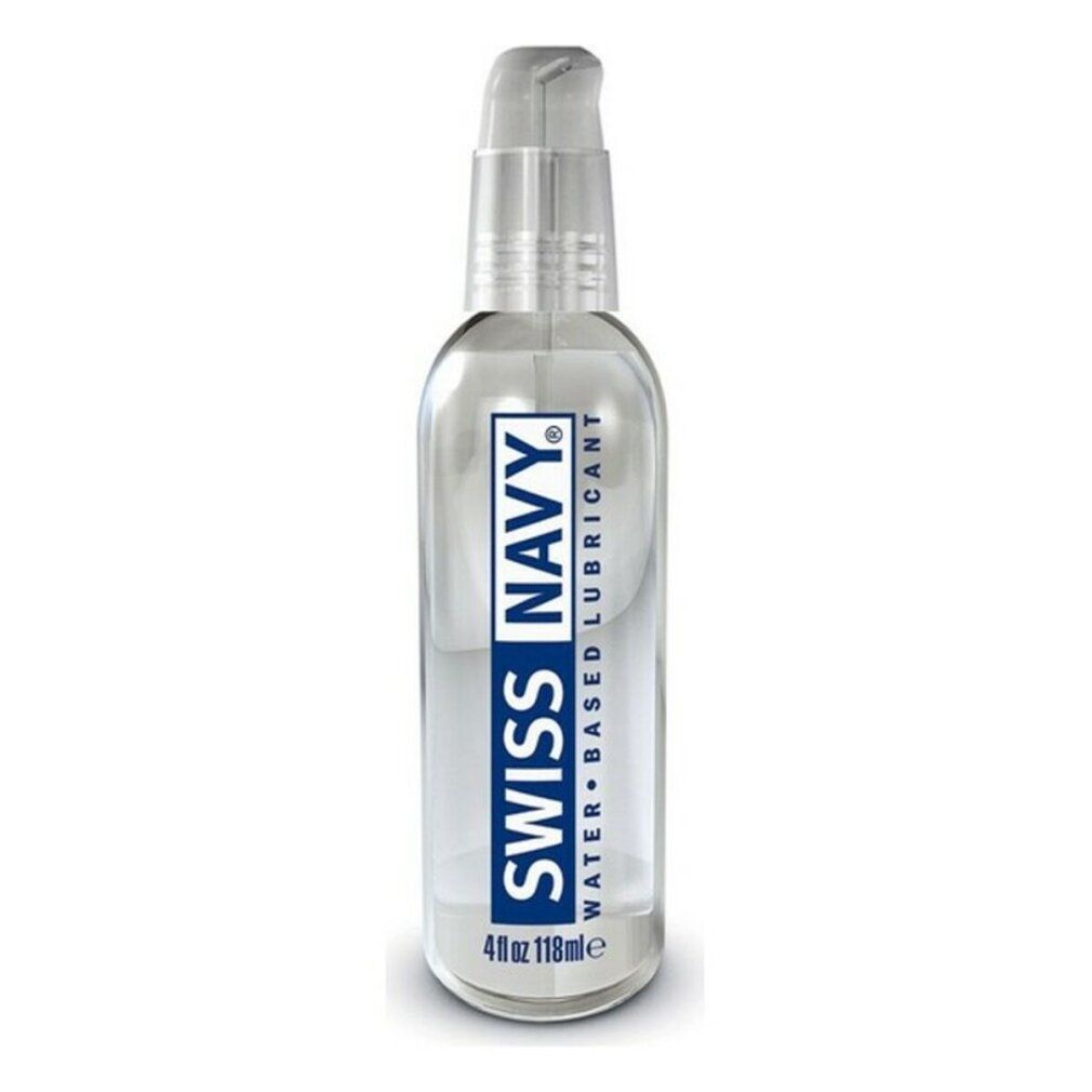 Transparente Flasche mit Pumpverschluss. Blaues Etikett mit "SWISS NAVY WATER BASED LUBRICANT". Unten "4 fl oz 118ml".