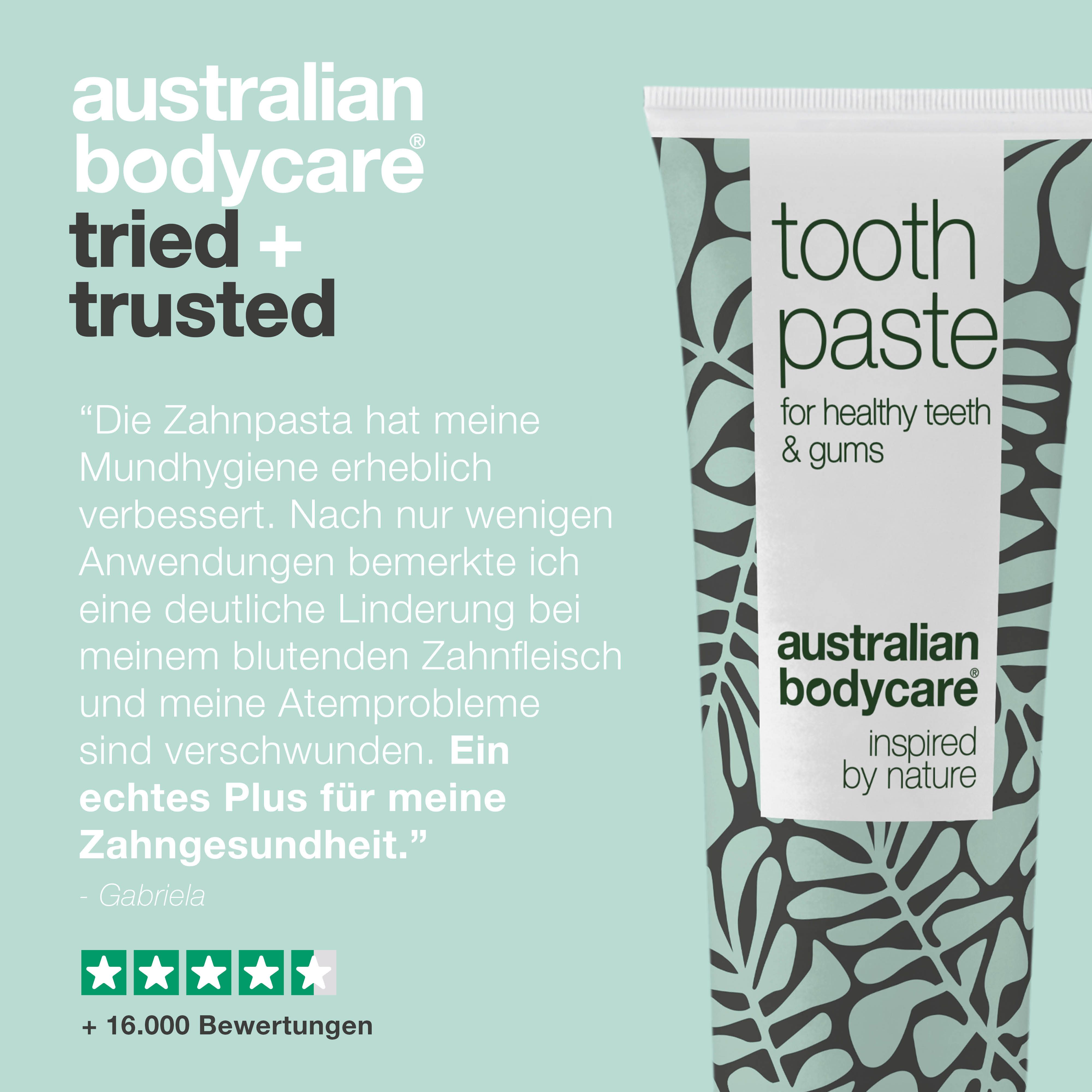 Zahnpasta-Tube und Zahnpasta-Klecks. Aufschrift: Toothpaste, Australian Bodycare, Freshmint. Vorteile.