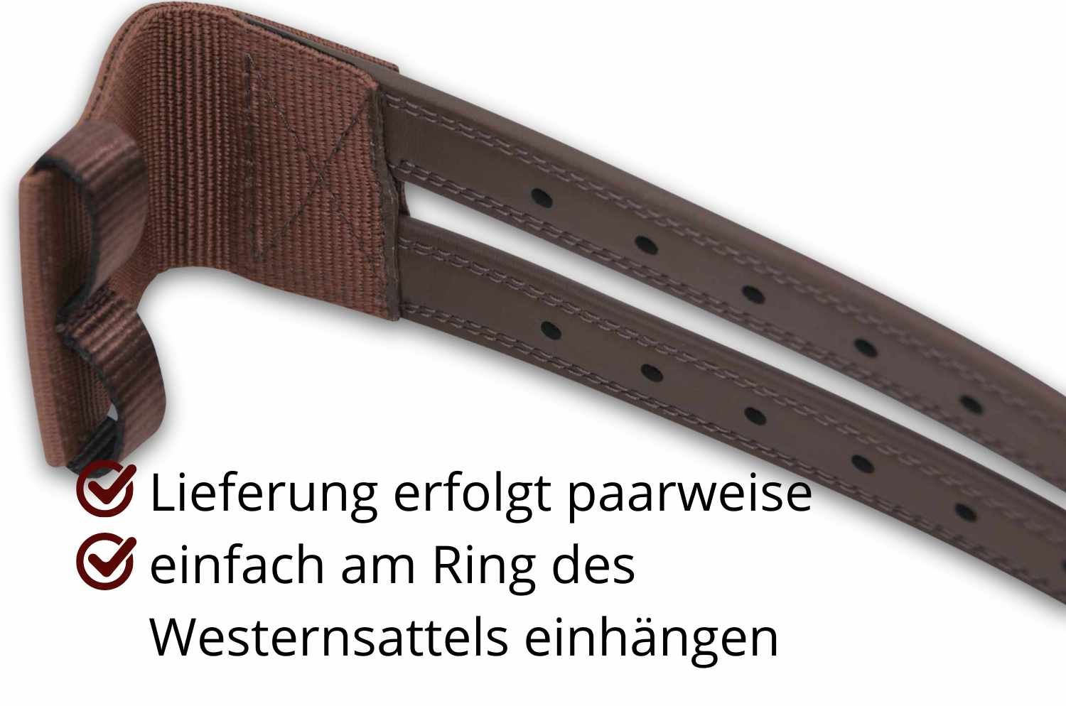 Sattelgurt-Converter. Text: 'Lieferung erfolgt paarweise' und 'einfach am Ring des Westernsattels einhängen'.