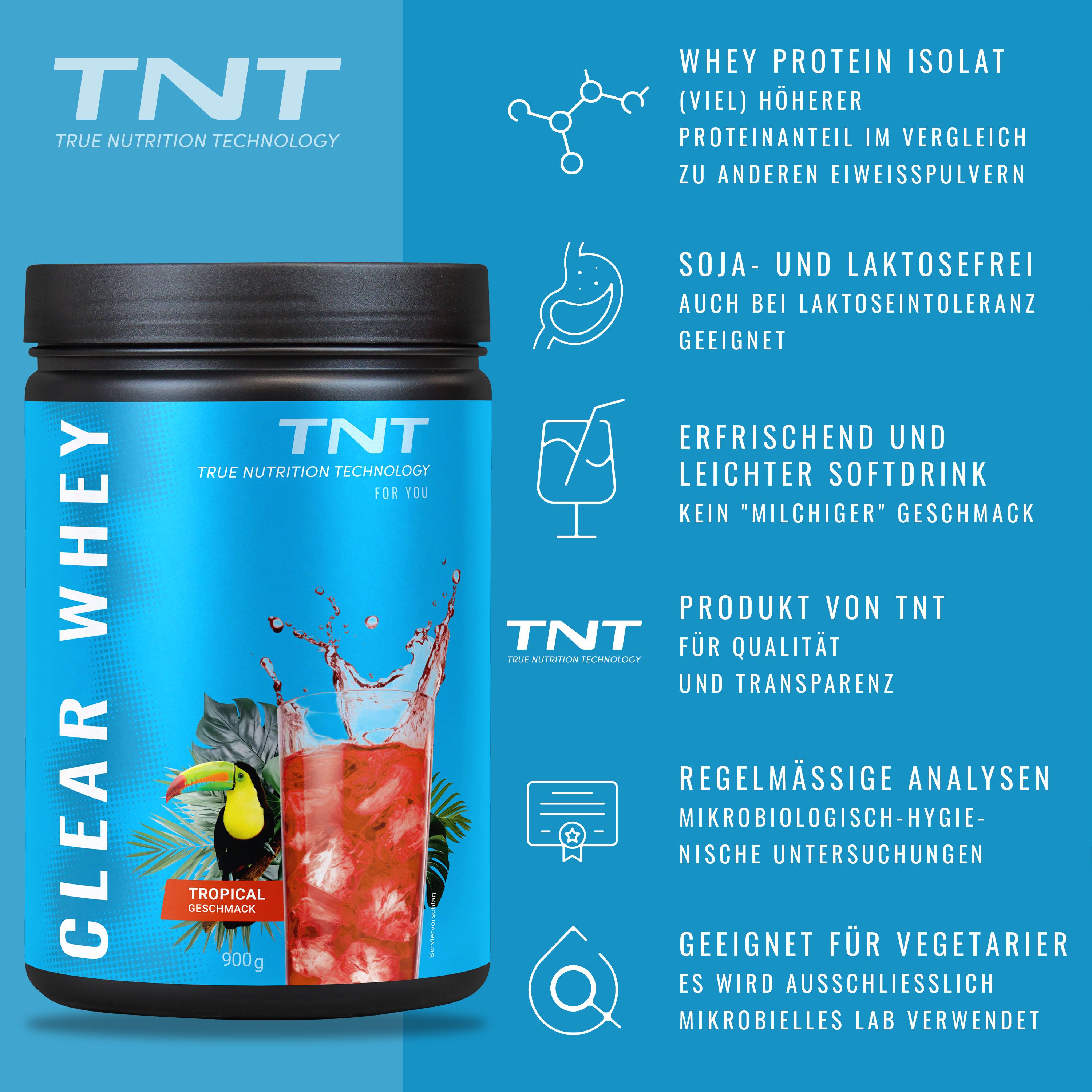 Blaue Dose TNT CLEAR WHEY mit Text und Illustrationen. Enthält Informationen zu Whey Protein, Soja- und Laktosefreiheit.