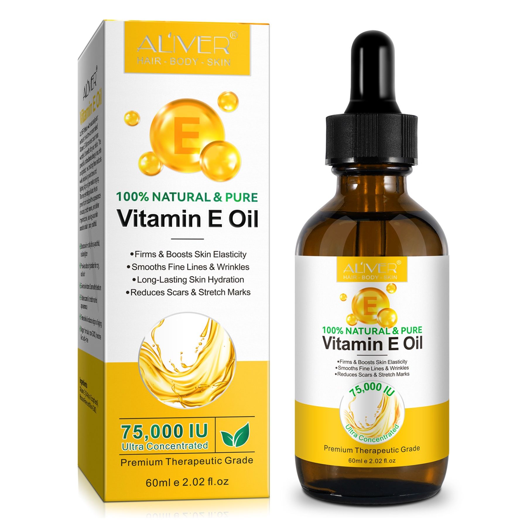 Braune Glasflasche mit Pipette und gelbem Etikett. Aufschrift: Vitamin E Öl. Gelbe Verpackung mit Produktinformationen.