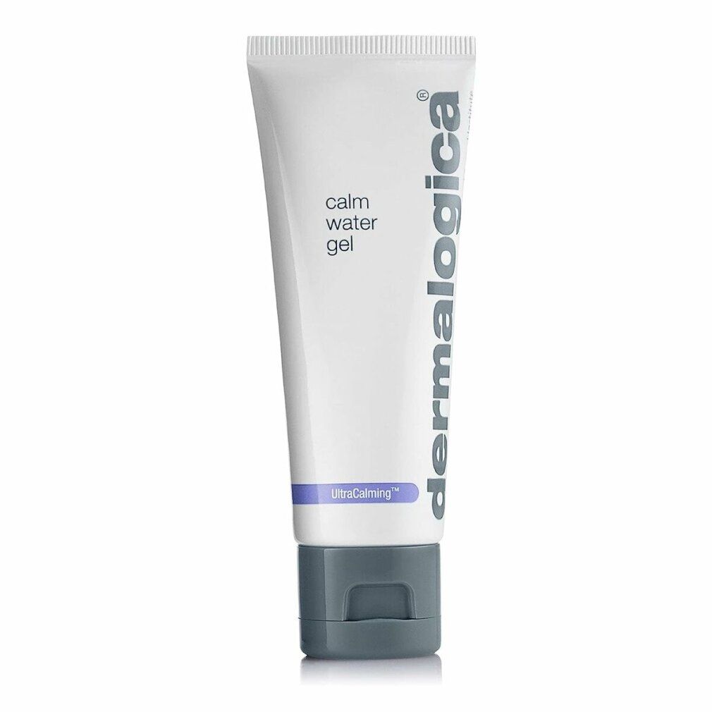 Weisse Tube mit grauer Kappe. Aufschrift: calm water gel, dermalogica. Unten: UltraCalming.