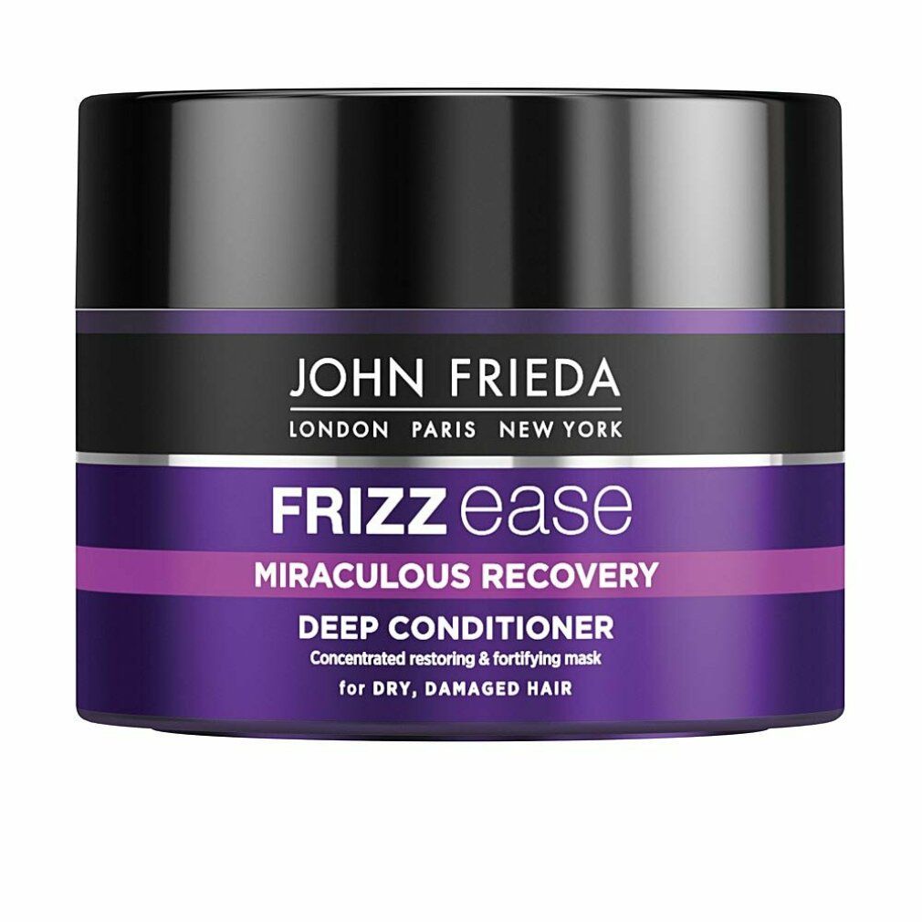 Runde Dose John Frieda Frizz Ease Miraculous Recovery Deep Conditioner. Schwarzer Deckel, lila Etikett mit weißer Schrift.