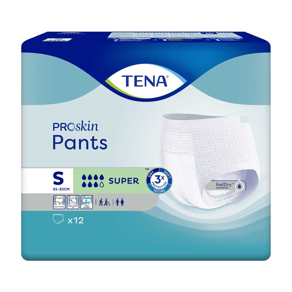 Verpackung mit TENA ProSkin Pants Super S. Größe S, 12 Stück. Produktname und Logo oben. Feuchtigkeitsindikatoren und Größenangaben.