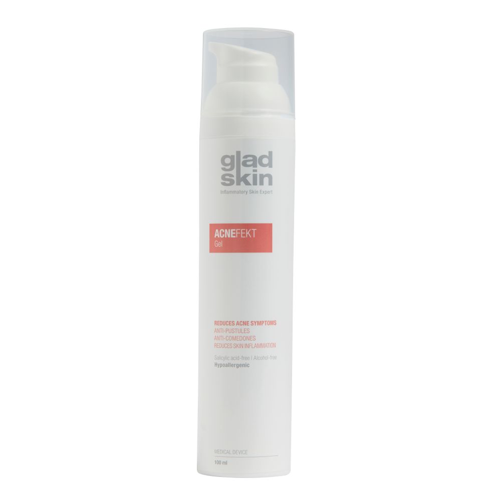 Weiße Flasche mit Pumpkopf. Aufschrift: Gladskin, Acnefekt Gel. Roter Streifen mit Text. Medizinprodukt.