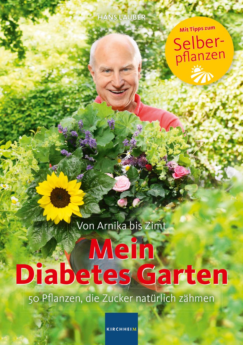Buchcover: "Mein Diabetes Garten". Mann hält Blumenstrauß. Titel in Rot. Mit Tipps zum Selberpflanzen.