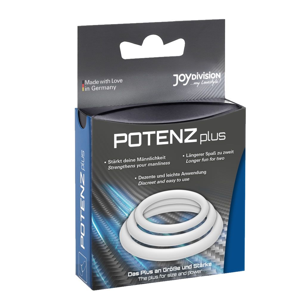 Verpackung mit drei weißen Ringen. Marke POTENZplus. Text auf Deutsch und Englisch.