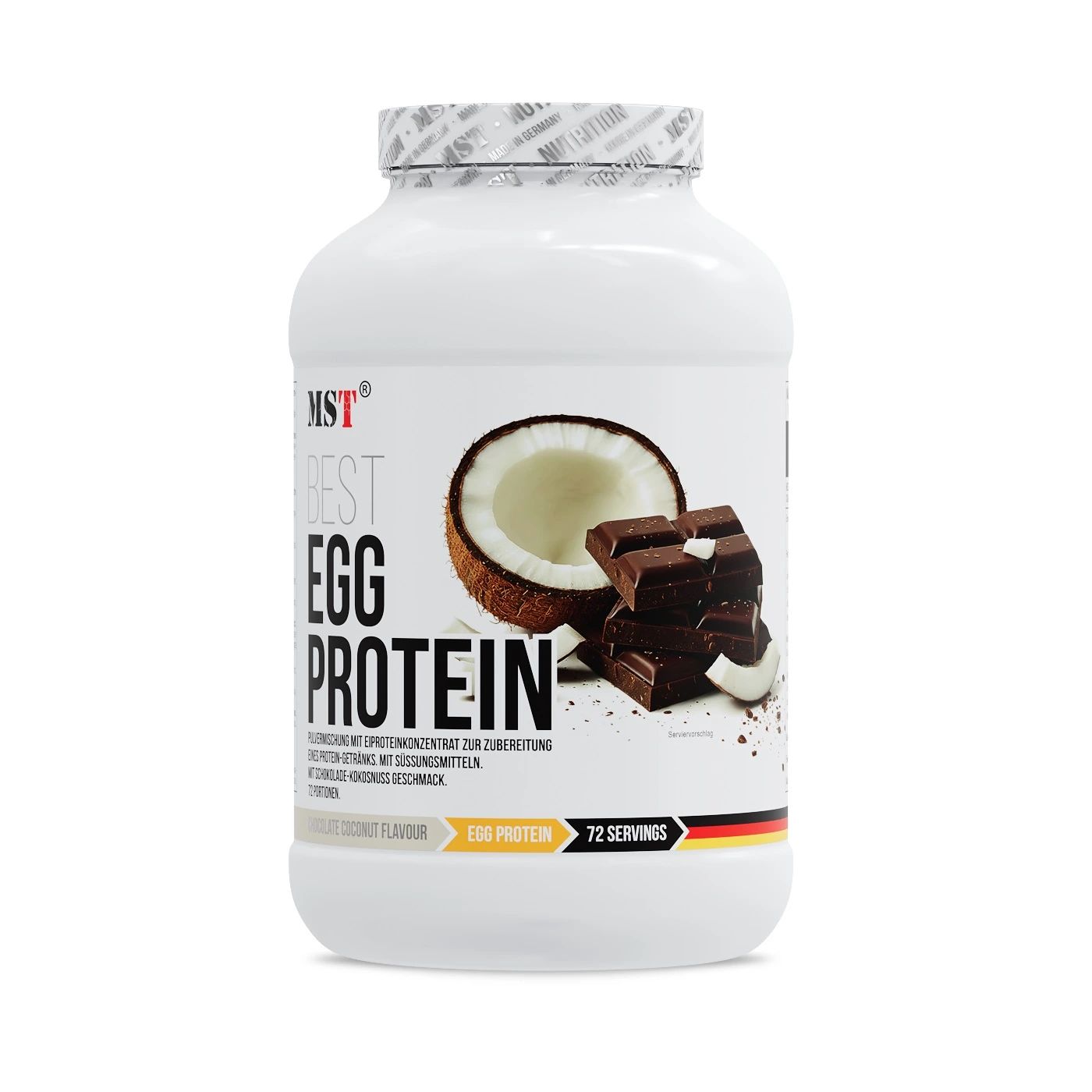 Weiße Dose mit MST Best Egg Protein. Kokosnuss und Schokoladenstückchen abgebildet. 72 Portionen, Kokos-Schokoladen-Geschmack.