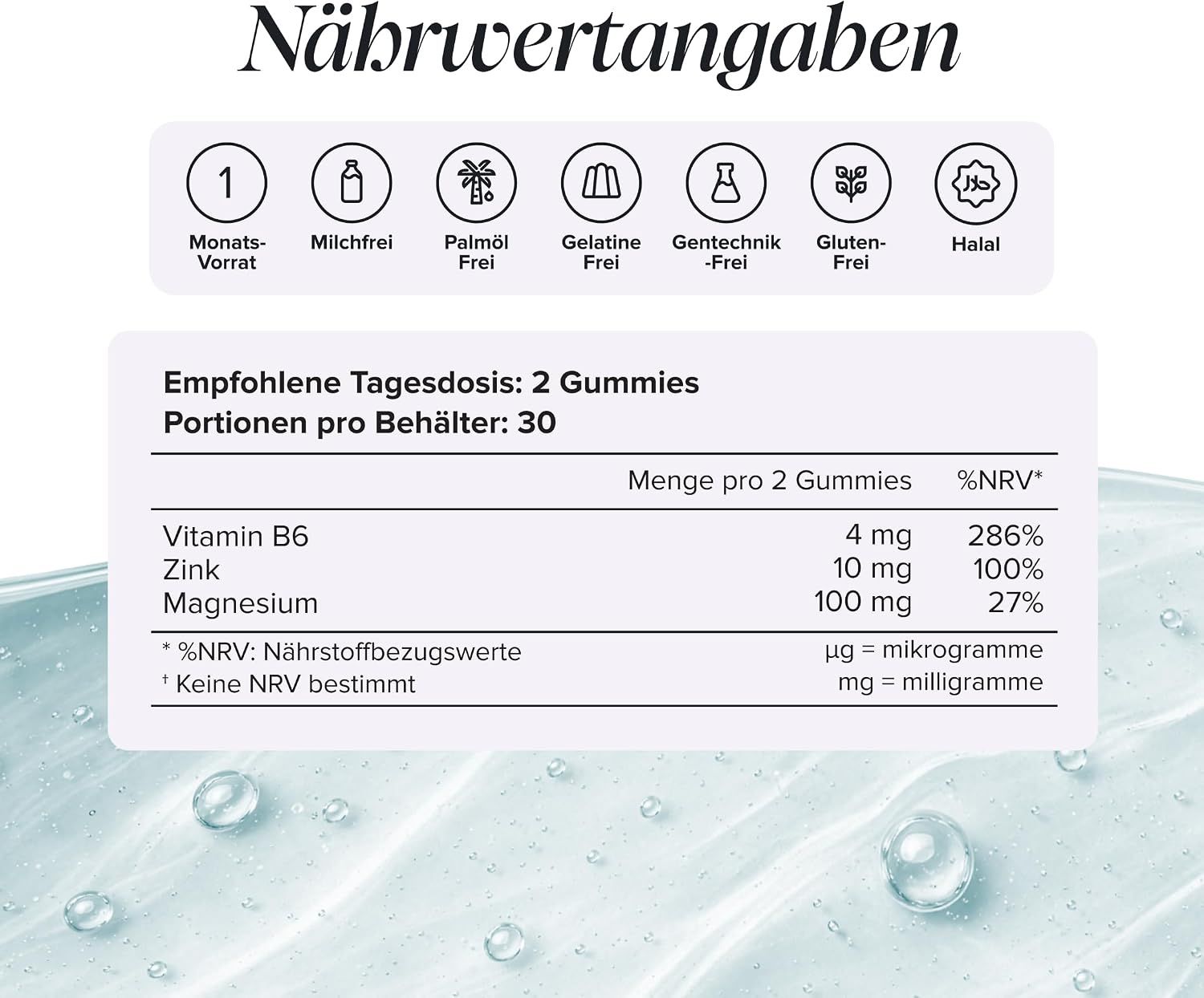 Nährwertangaben für Gummibonbons mit Vitamin B6, Zink und Magnesium.
