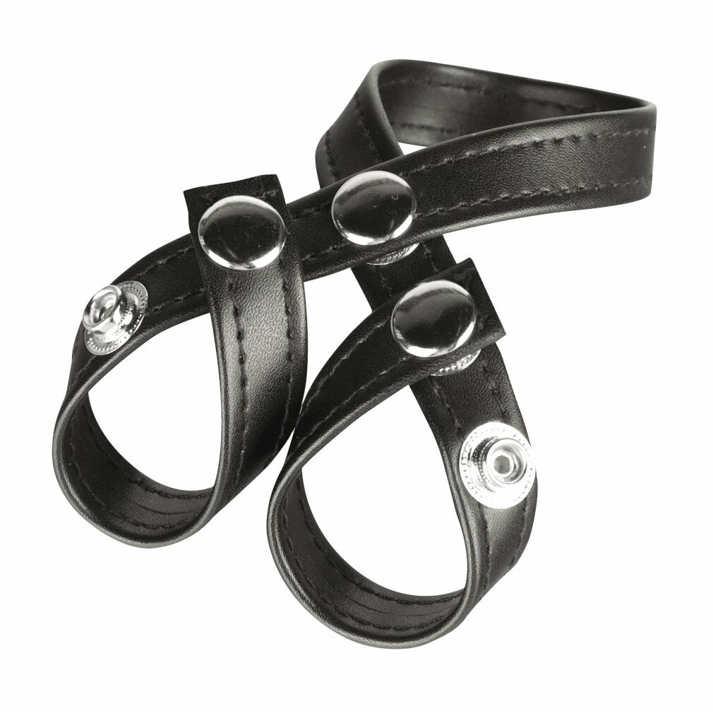 Schwarzer Hodenring mit Druckknöpfen. Lederoptik, zwei Schlaufen, drei Knöpfe.