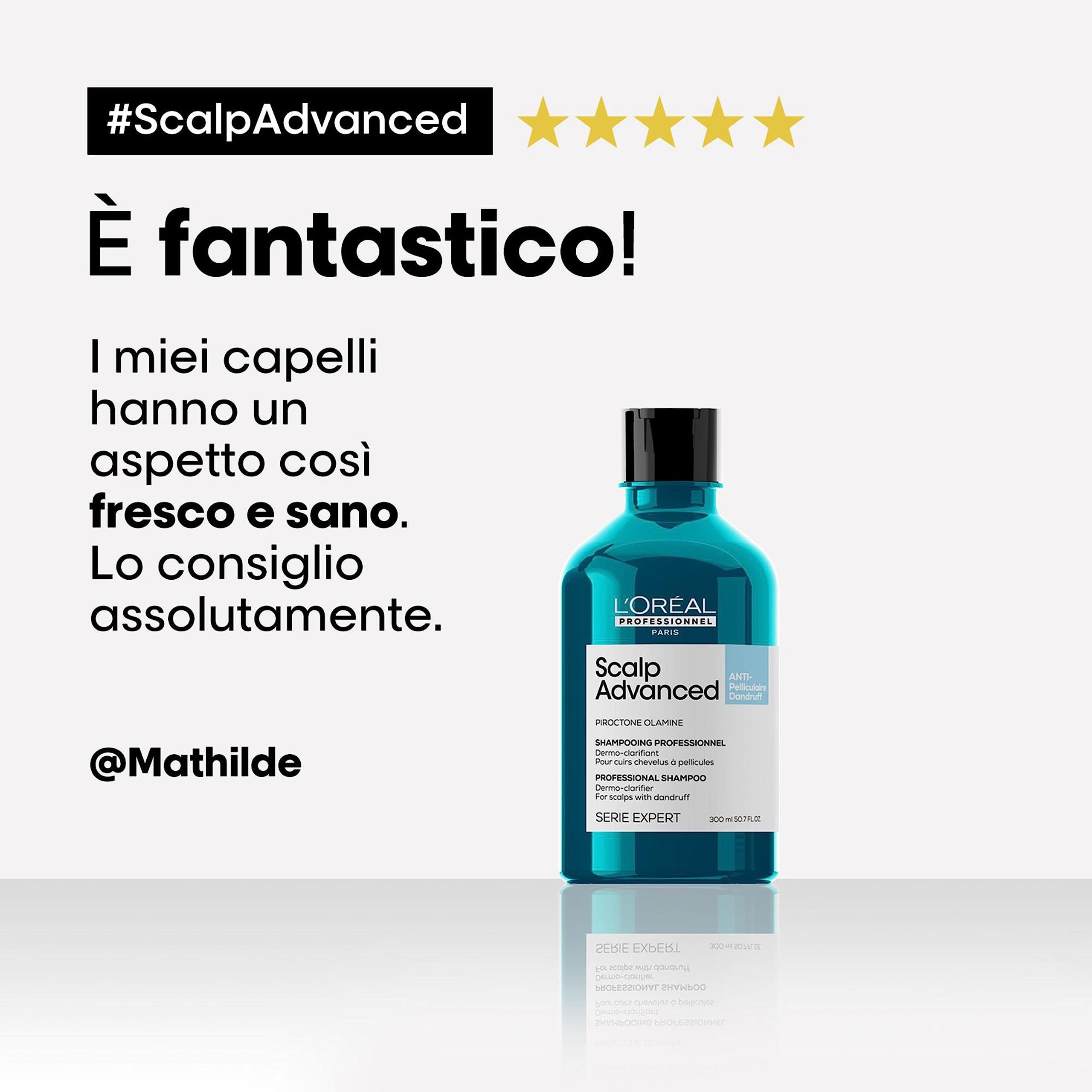 Türkisfarbene Shampoo-Flasche mit Text: L'Oréal, Scalp Advanced. Sterne-Bewertung. Text: Es ist fantastisch! Ich empfehle es absolut.