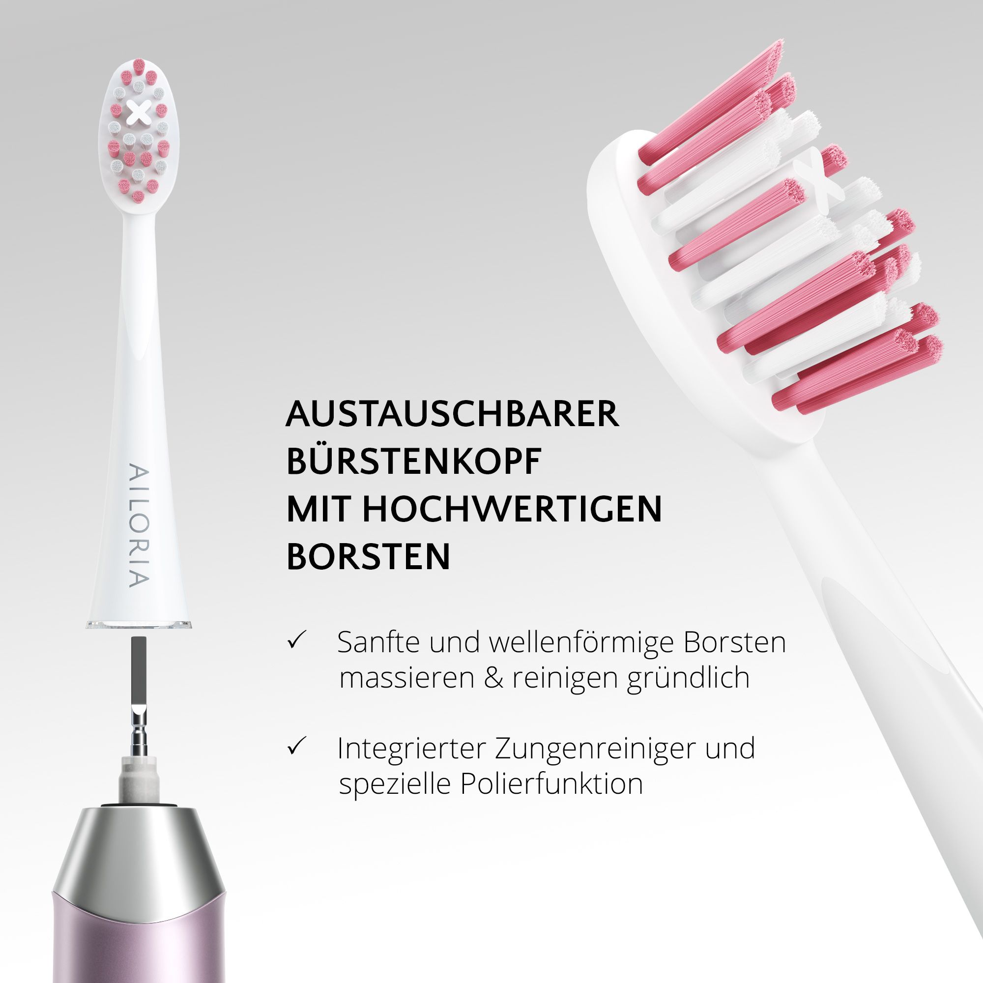 Zahnbürstenkopf und Ersatzkopf. Austauschbar, mit hochwertigen Borsten. Text: Zungenreiniger.