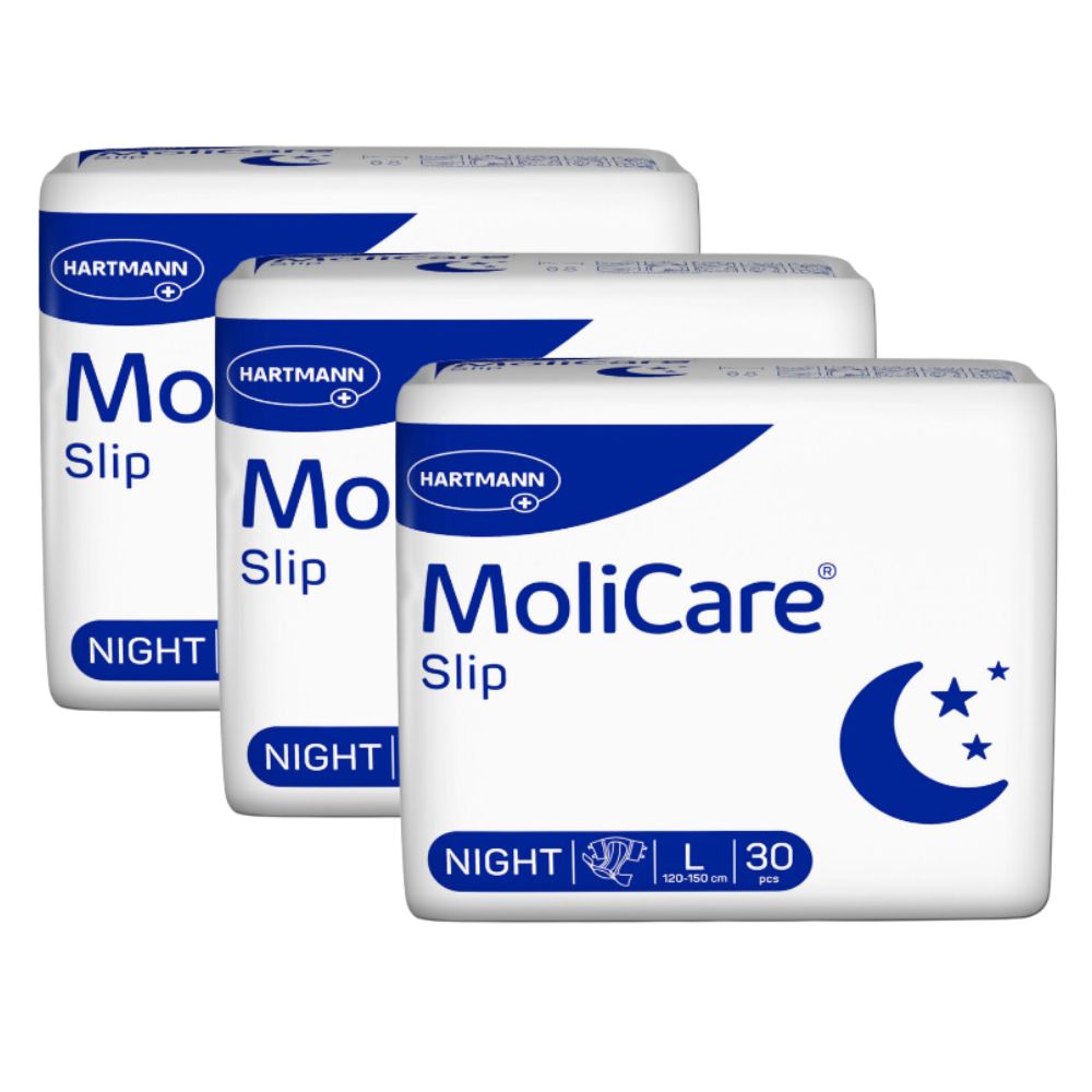 Drei weiße MoliCare Slip Night L Packungen. Jede Packung zeigt das Logo, Produktname, Mond und Sterne, sowie die Größe L und 30 Stück.