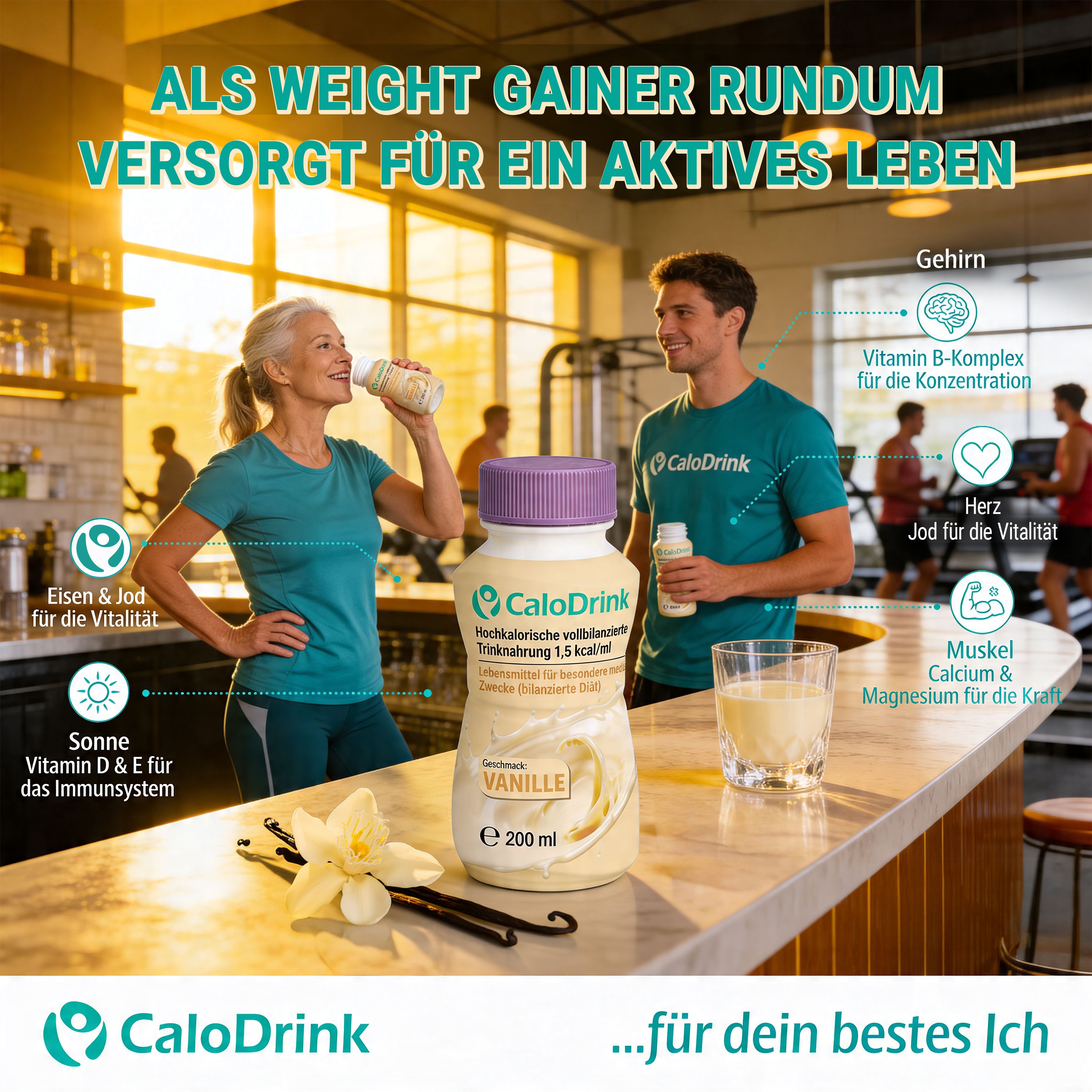 Frau trinkt aus Flasche, Mann hält Flasche. Text: Als Weight Gainer. Vitamine, Mineralien. CaloDrink für ein aktives Leben. Vanilleschoten.