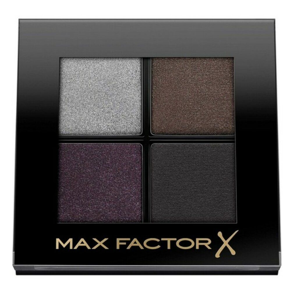 Quadratische Palette mit vier Lidschattenfarben: Silber, Braun, Lila und Schwarz. Schwarzer Rahmen, goldener Schriftzug.