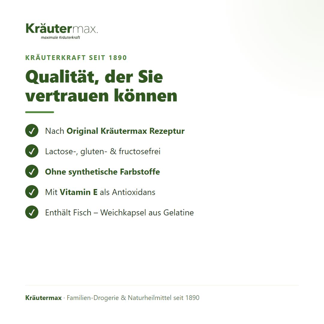 Braune Glasflasche mit silbernem Deckel, gefüllt mit Kapseln. Etikett zeigt Kräutermax Logo, 'Omega 3 + D3 + K2 Kapseln' und 'Premium Qualität'.