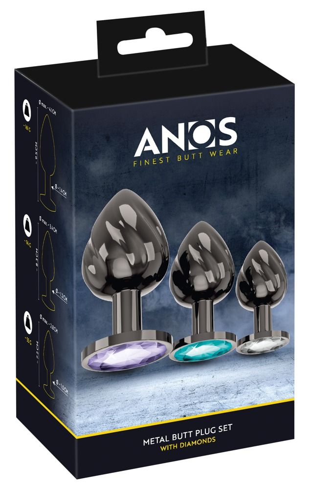 Verpackung eines ANOS Metall-Analplug-Sets mit drei verschieden großen Plugs.