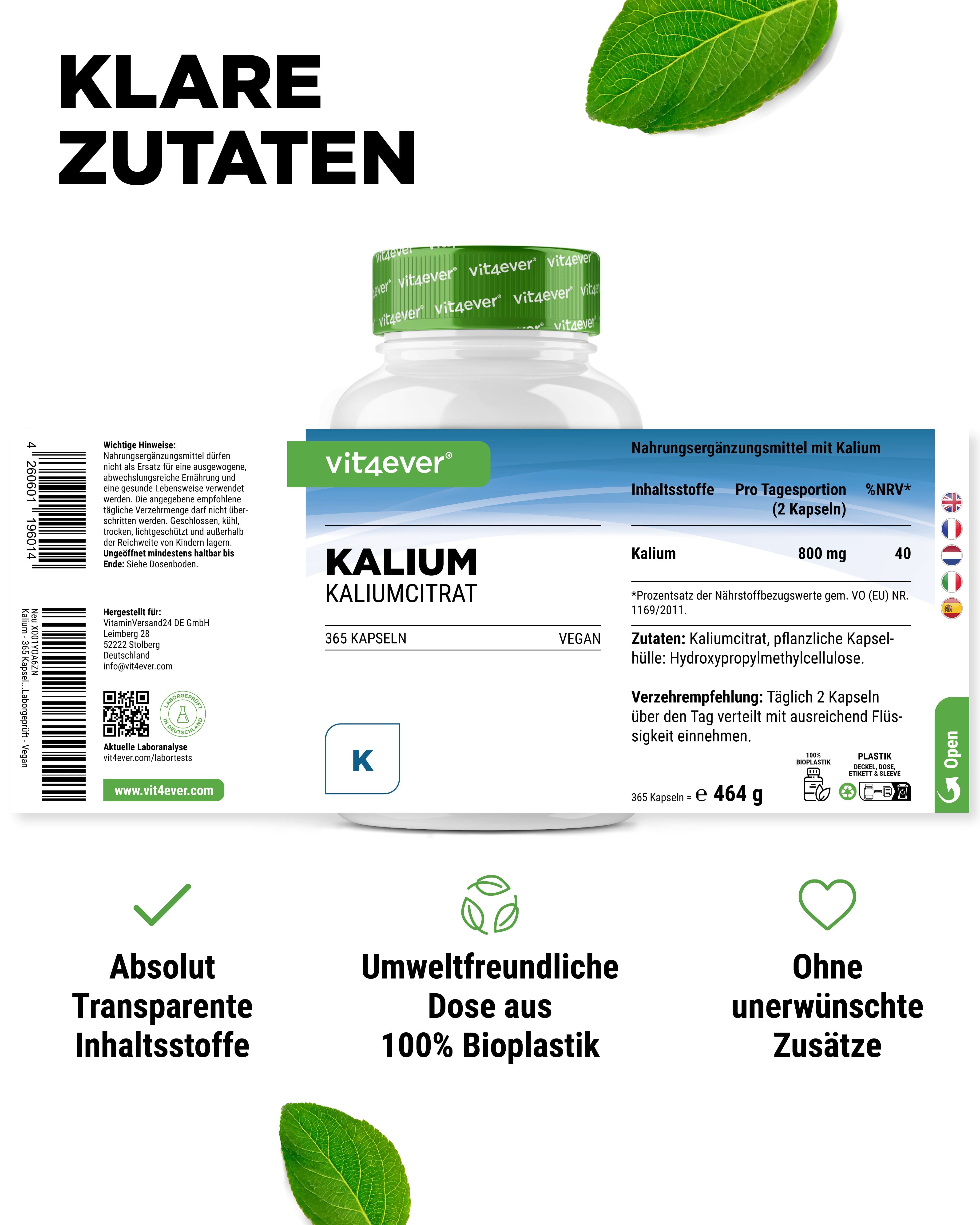 Flasche mit Aufschrift: vit4ever, Kalium Kaliumcitrat, 365 Kapseln, Vegan. Rückseite mit Inhaltsstoffen und Verzehrempfehlung.