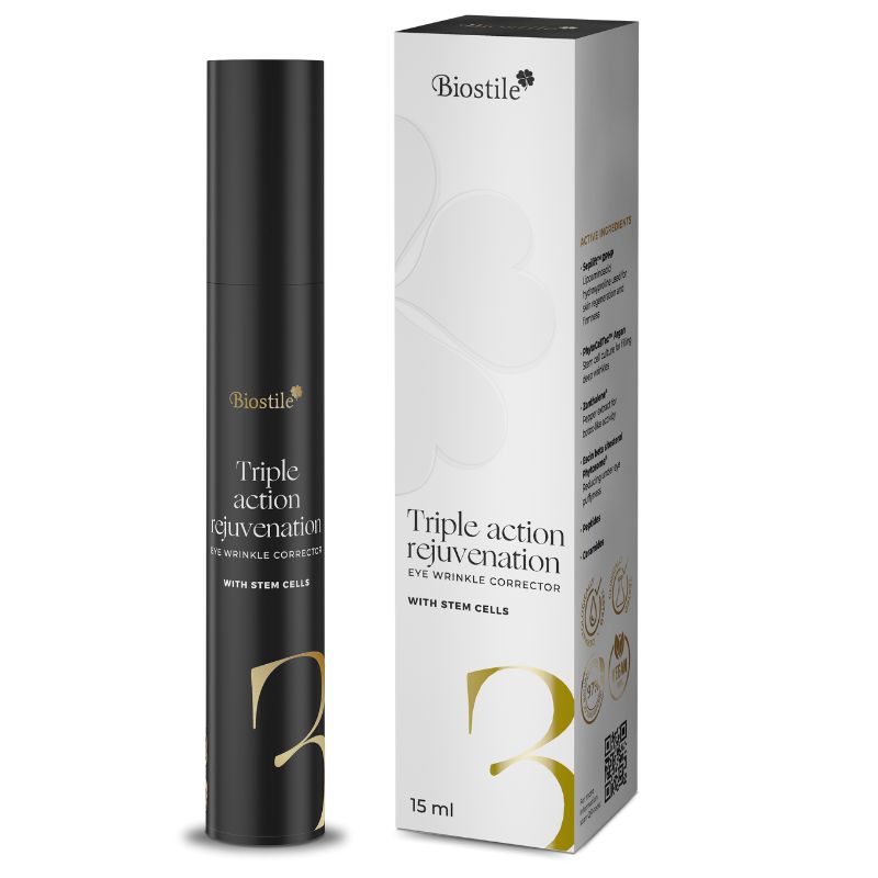 Biostile Triple Action Rejuvenation Augencreme in schwarzem Spender und Faltschachtel.