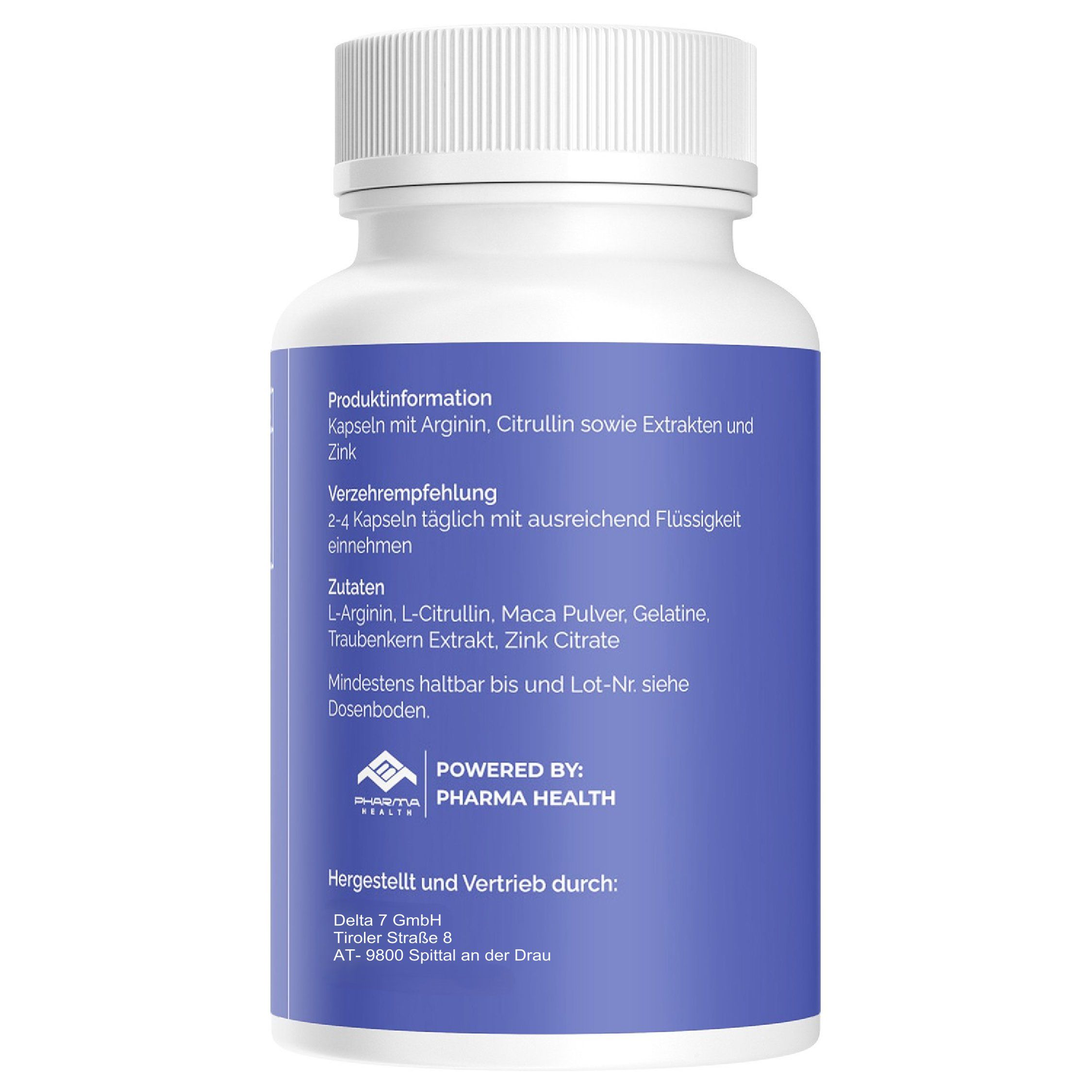 Rückseite einer weißen Flasche mit blauem Etikett. Text: Produktinformationen, Inhaltsstoffe, Verzehrempfehlung. Logo: Pharma Health.