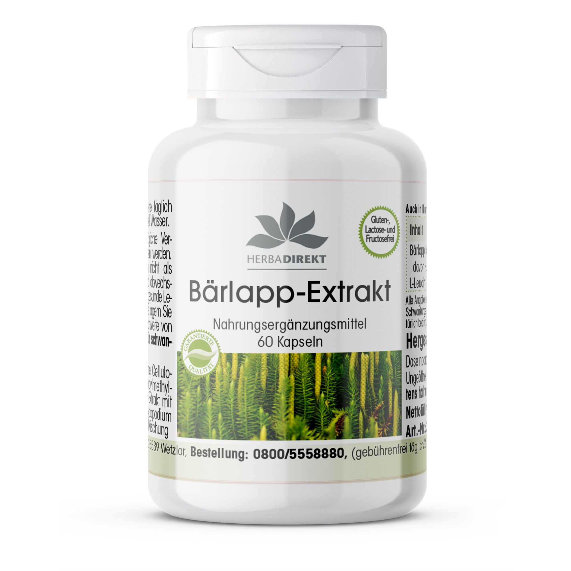 Weiße Flasche mit Kapseln. Aufschrift: Bärlapp-Extrakt, 60 Kapseln. Logo: Herbadirekt. Gluten-, Laktose- und Fructosefrei.