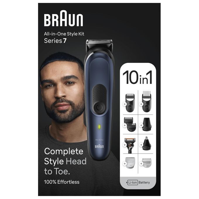Braun MGK7421. All-in-one-Styler. Series 7. 10-in-1-Kit. Enthält Trimmer, Aufsätze und Zubehör. Li-Ion-Akku. Schwarzes Gehäuse mit blauen Akzenten.