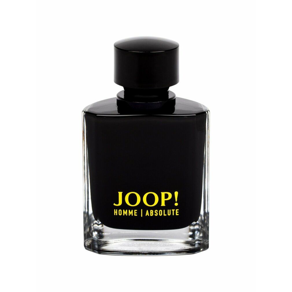 Schwarzer Flakon mit schwarzem Verschluss. Gelber Schriftzug: JOOP! HOMME | ABSOLUTE. Rechteckige Form mit abgerundeten Ecken.