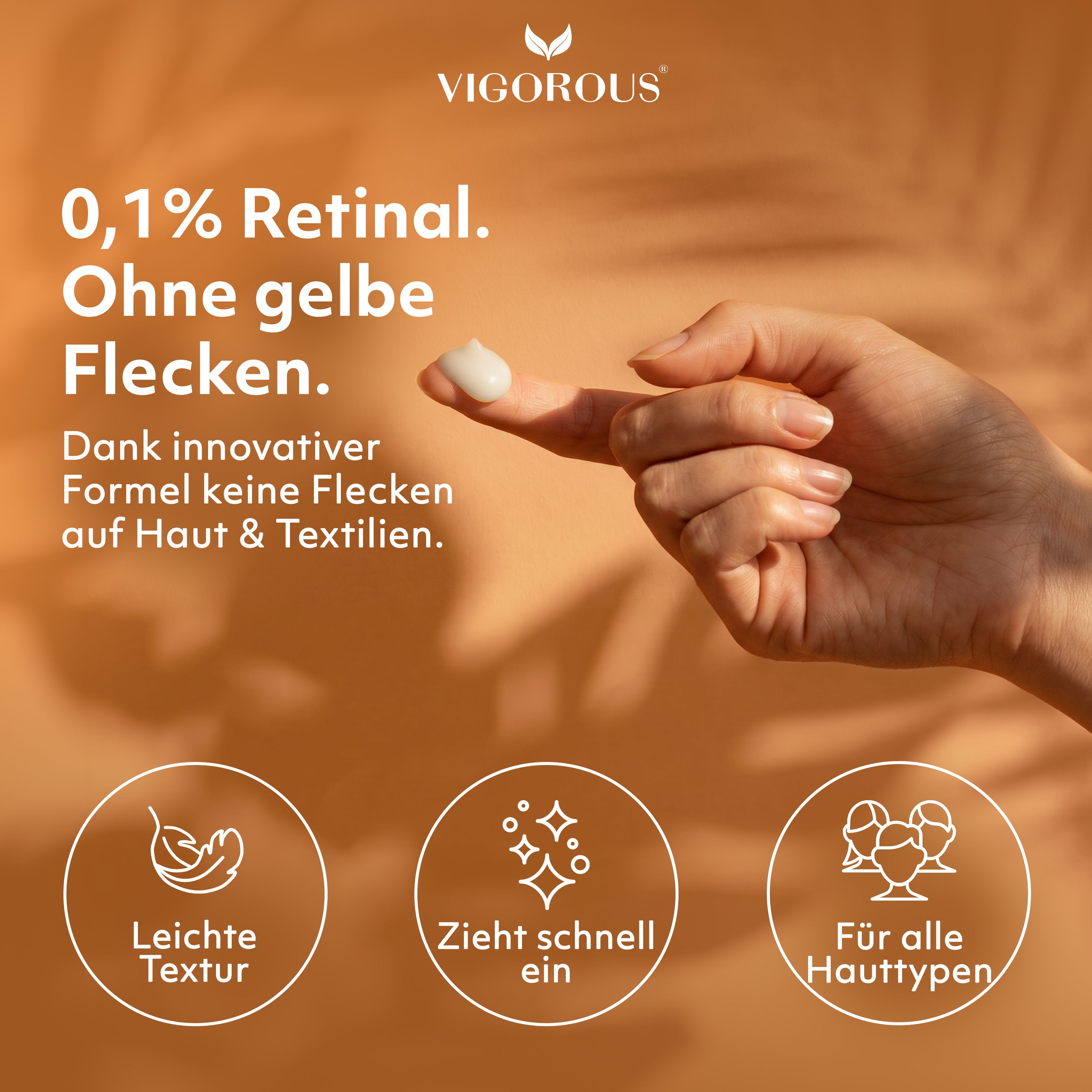 Hand mit Serum-Tropfen auf dem Finger. Icons: leichte Textur, zieht schnell ein, für alle Hauttypen.
