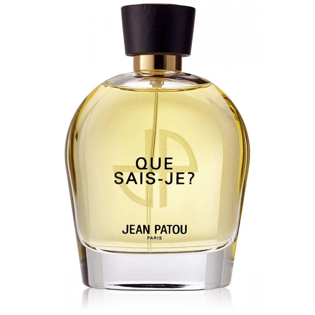 Parfümflakon mit schwarzem Deckel und goldfarbenem Kragen. Aufschrift: QUE SAIS-JE? JEAN PATOU PARIS.